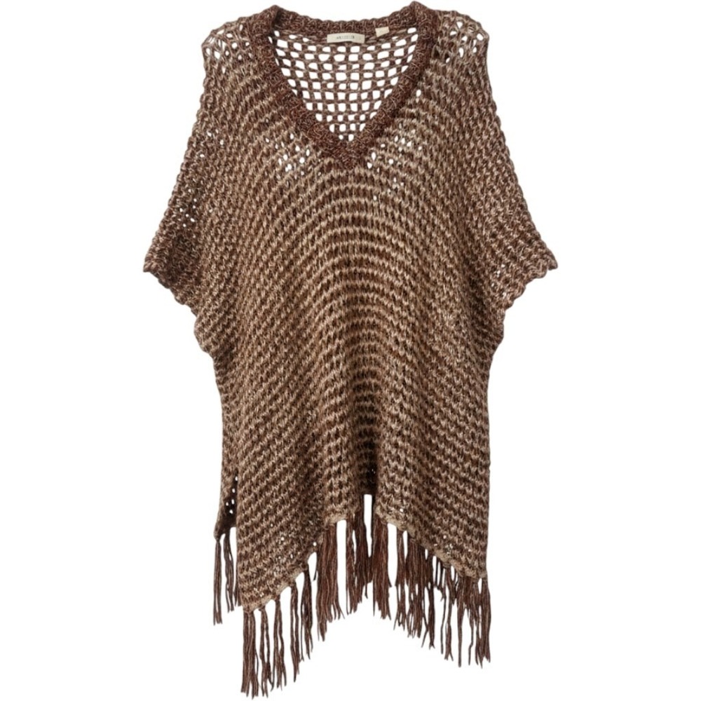 Anthropologie Moth Poncho Women's One Size Brown Marled Knit Fringe V Neck